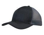 A black cap featuring breathable poly twill and honeycomb mesh panels. It has a curved brim and a logo.