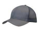 A grey cap featuring breathable poly twill material with honeycomb mesh panels and a logo.