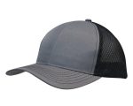 A grey cap featuring breathable poly twill and honeycomb mesh panels, with a curved brim and a logo.