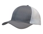 A grey cap featuring breathable poly twill and honeycomb mesh design. It has a curved brim and a logo.
