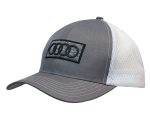 A grey cap with a black logo and white honeycomb mesh at the back, featuring a structured brim.