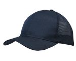 A navy cap featuring breathable poly twill and honeycomb mesh panels, with a curved brim and a logo present.