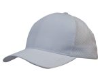 A white cap featuring breathable poly twill and honeycomb mesh panels. The design includes a curved brim and an adjustable fit.