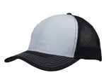 A black and white cap featuring breathable poly twill and honeycomb mesh, with a curved brim and stitching details.