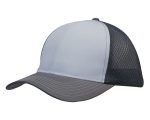 A grey and light blue cap featuring breathable poly twill with honeycomb mesh. The cap has a branded logo on the side.