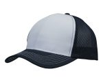 A baseball cap featuring breathable poly twill in white and navy, with a honeycomb mesh back and stitching details.