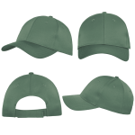 A green cap with a rounded crown and curved brim, displayed from multiple angles. It features an adjustable strap and a logo.