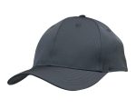 A dark grey cap featuring a curved brim and an adjustable strap, with a logo on the front.