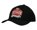 A black cap featuring an embroidered logo with red and white elements. The cap has a curved brim and a structured design.