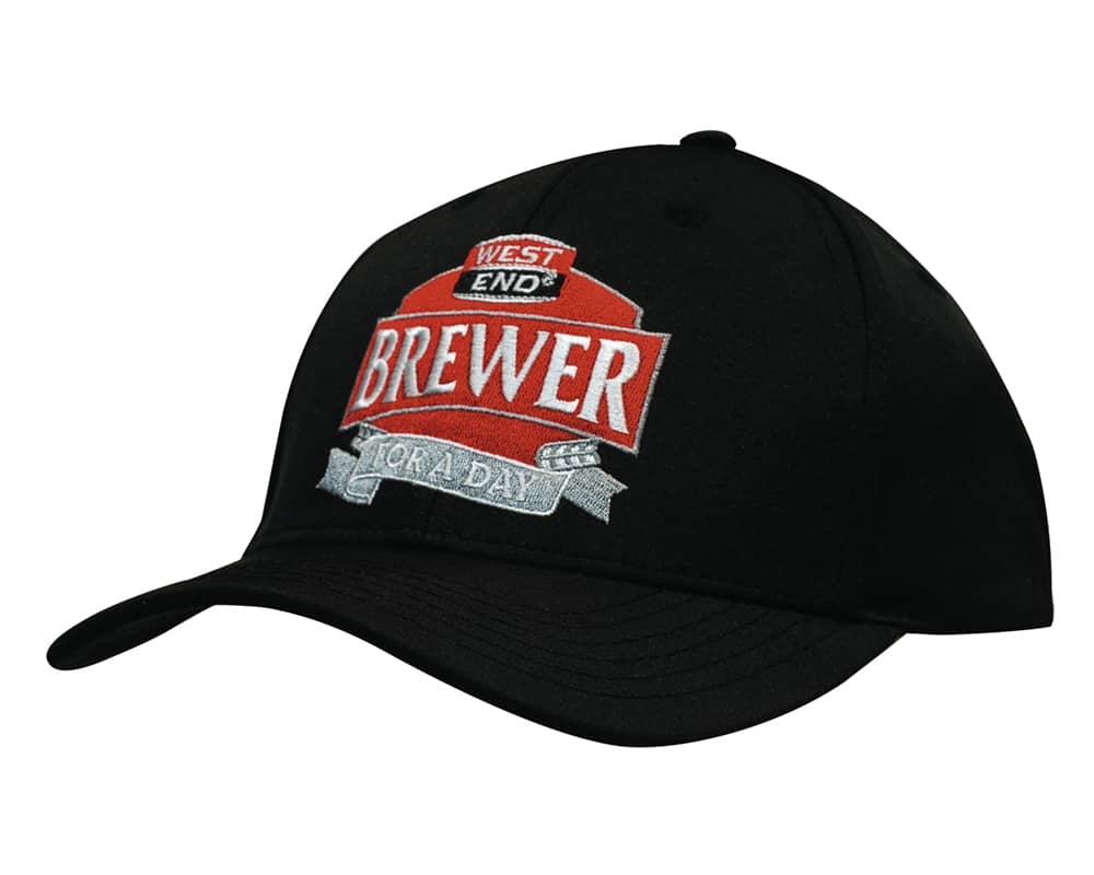 A black cap featuring an embroidered logo with red and white elements. The cap has a curved brim and a structured design. A black cap featuring an embroidered logo with red and white elements. The cap has a curved brim and a structured design.