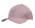 A pink baseball cap with a curved brim and six-panel design, featuring a logo on the front.