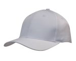 A white sports cap with a structured design and a curved brim, featuring a logo on the front.