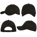 A black baseball cap displayed from multiple angles, featuring a branded label on the back.