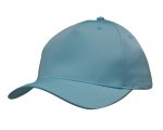 A blue sports cap with a curved brim and a structured crown, featuring a logo on the front.
