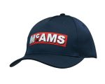 A navy blue cap with an embroidered logo in red and white. The cap features a curved brim and adjustable strap.