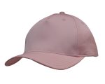 A pink cap with a curved brim, featuring a smooth fabric and a logo at the front.