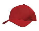 A red sports cap with a curved brim and a logo on the front.