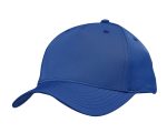 A blue cap with a curved brim and a structured design, featuring a logo on the front.