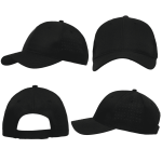 A black cap featuring circle perforations, displayed from multiple angles including front, side, back, and underside views.