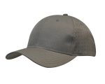 A grey breathable poly twill cap featuring circle perforations and a rounded peak, with a logo on the side.