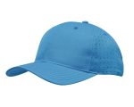 A blue cap with a curved brim and circle perforations on the sides, featuring a logo on the front.