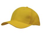 A yellow cap featuring breathable poly twill and circular perforations. Includes a logo on the front.