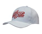 A white cap with circle perforations, featuring a logo on the front.