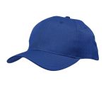 A blue cap with circle perforations, featuring a curved brim and a logo on the side.