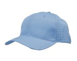 A light blue cap featuring breathable poly twill fabric with circle perforations and a logo.