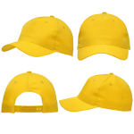 A bright yellow cap features circle perforations and has a logo on the front. It displays multiple angles.