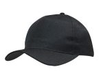 A black cap with a rounded crown and a curved brim, featuring a logo on the side.