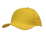A yellow cap with circle perforations on the side and a curved brim, featuring a logo on the front.