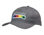 A grey cap featuring circle perforations and an embroidered logo in rainbow colours.