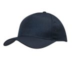 A navy blue cap with a curved brim and a structured crown, featuring a logo on the side.