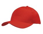 A red cap featuring breathable poly twill and circle perforations, with a curved brim and a logo.