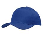 A blue cap featuring breathable poly twill fabric with circle perforations and a logo on the side.