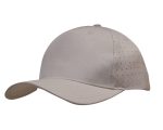 A light grey cap featuring breathable poly twill with circle perforations and a logo on the side.