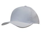 A white cap featuring breathable poly twill fabric with circle perforations and a curved brim. It has a logo.