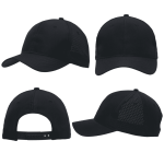 A black sports cap featuring triangle perforations, with views of the front, sides, and back. Includes a logo.