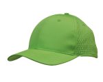 A bright green cap with triangle perforations on the sides and a curved brim. It has a logo on it.