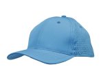 A blue cap featuring triangle perforations on the side and a curved brim. It has a logo on the front.
