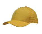 A yellow cap featuring triangle perforations and a curved brim. The cap has a logo on it.