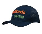 A navy cap featuring triangle perforations, with orange and green embroidered branding on the front.