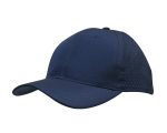 A navy blue cap made from Sports Ripstop Twill, featuring triangle perforations and a logo.