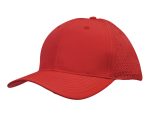A red cap with triangle perforations on the side and an adjustable back. It features a logo.