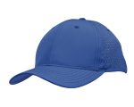 A blue cap with triangle perforations on the side and a curved brim. It includes a logo.