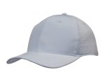 A white cap featuring triangle perforations on the sides and a curved peak, with a logo on the front.