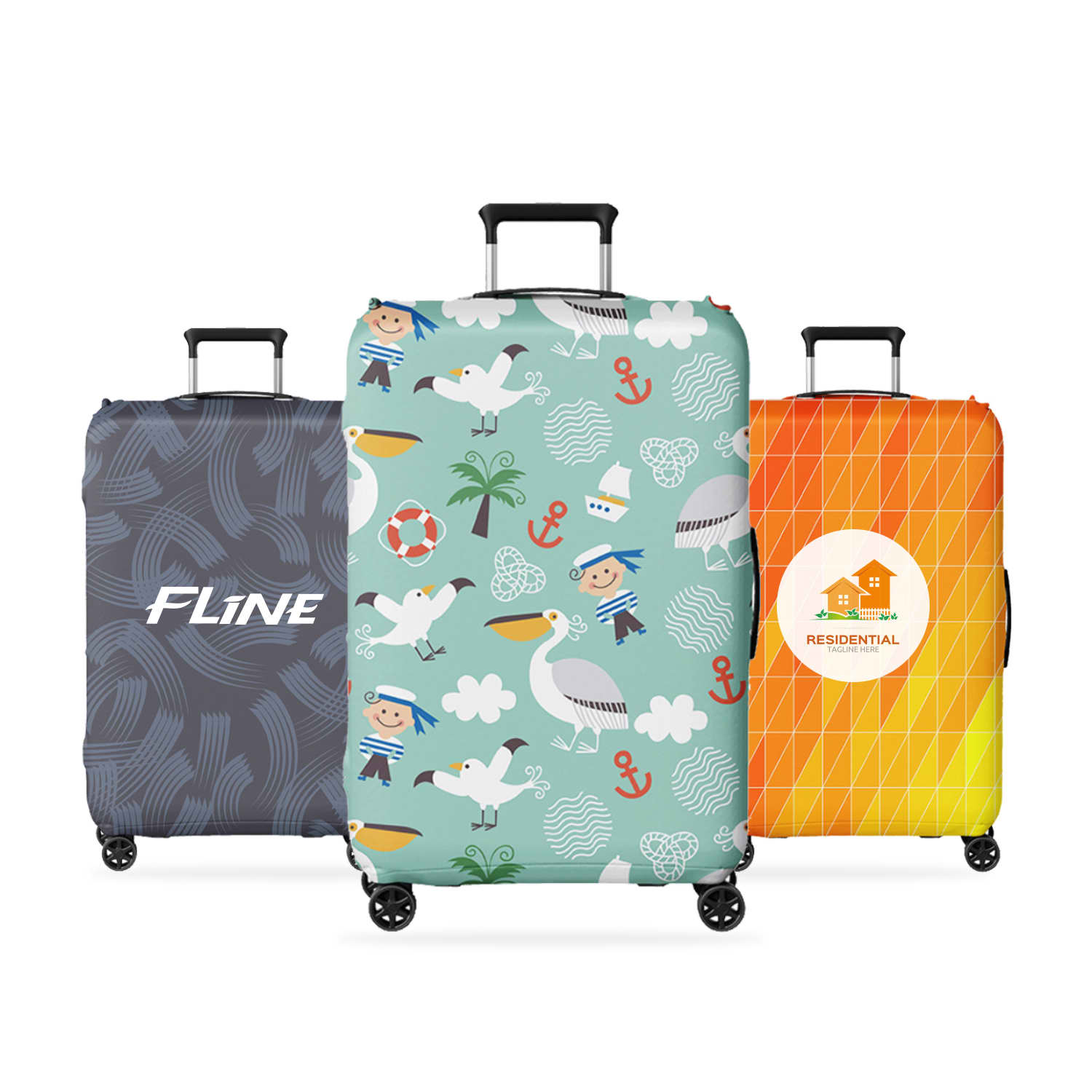 Three suitcase covers in various designs: grey with wave patterns, a whimsical ocean theme, and a geometric orange pattern. Suitcase Cover - Image 1