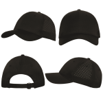 A black cap featuring a solid front and mesh sides, showcasing multiple angles for visibility.