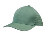 A mint green cap featuring tear drop perforations on the sides and a curved peak. It has a logo on the front.